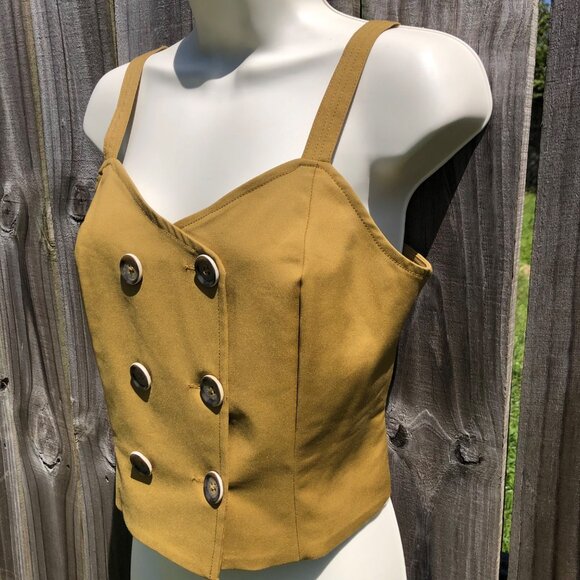 Buru XS Double Breasted Vest Top Button Down Up Mustard Sleeveless Yellow Tank - Picture 2 of 7